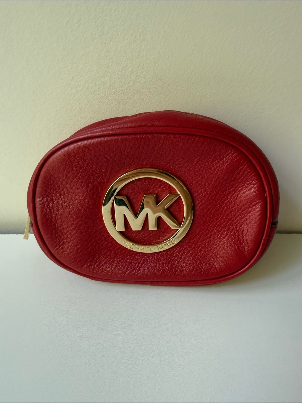 Michael Kors Red Leather MK Logo Cosmetic Case with Gold Emblem